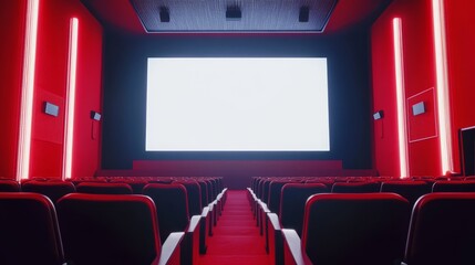 Fototapeta premium Realistic image of a bright white screen in a red cinema surrounded by empty seating rows