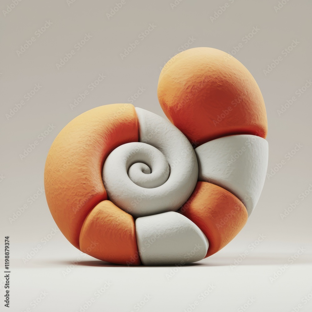 Fototapete Abstract 3D render of a nautilus shell in orange and white, segmented and smooth.