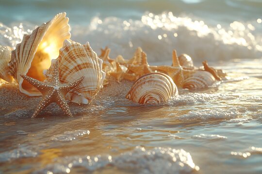 A close-up of seashells and starfish on the sand with soft waves in the background, photorealistic