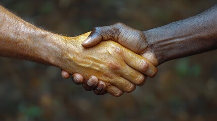 Two hands of different skin tones shaking, symbolizing unity and cooperation.