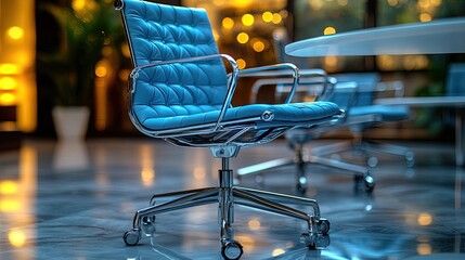 A stylish blue office chair in a modern workspace with a blurred background.