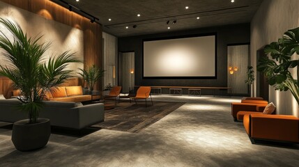 Business event space ready for a conference, featuring a large screen, sleek decor, and a welcoming atmosphere.
