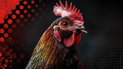 A detailed portrait of a rooster with vibrant colors and textures against a dark background.