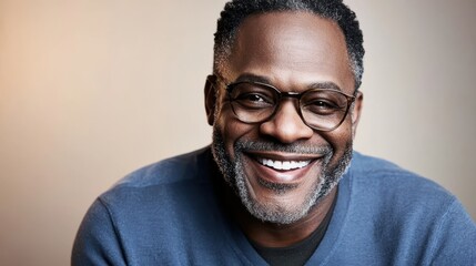 A mature individual with glasses smiles warmly, exuding confidence and charm in a soft-lit portrait.