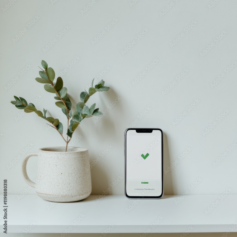 Poster minimalist digital finance setup smartphone with successful payment alert and ceramic mug on white d