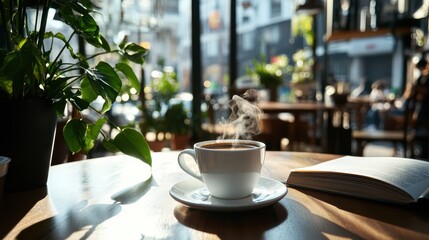 Fototapeta premium Sunlight streams into a cozy cafe, casting a warm glow on a steaming coffee cup and an open book, suggesting peaceful leisure and comfort.