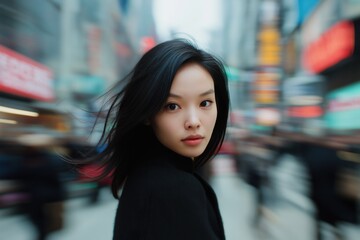 Obraz premium A woman with long black hair stands in front of a red sign. She is wearing a black coat and she is looking at the camera. The scene is set in a busy city street with many people walking around