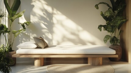 scandinavian minimal interior, natural wood daybed design, pristine white upholstery, geometric wooden base, potted tropical greenery, morning light shadows, tranquil home setting