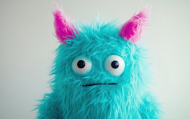 Obraz premium Bright turquoise fluffy monster with neon pink ears and a playful expression, on a bright white background