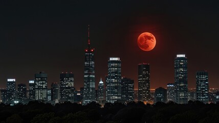 Fototapeta premium red moon,Eerie Red Moon Hanging Low Over an Urban Skyline