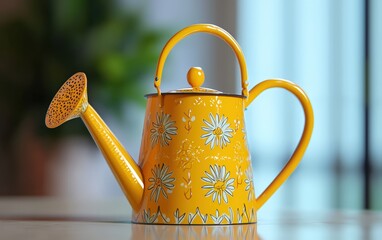 Bright yellow watering can with a playful design, standing on a white surface