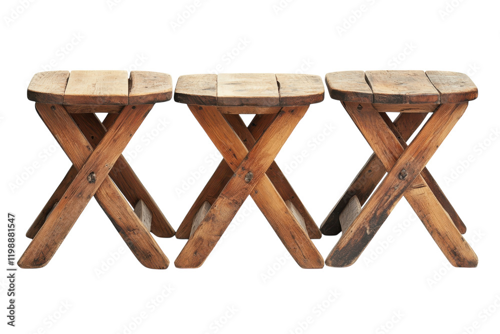 Wall mural Rustic wooden stools arranged in a row showcasing craftsmanship and natural wood grain