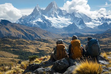 A group of hikers resting on a rocky trail with panoramic views of a snow-capped mountain range, photorealistic