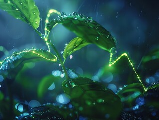 Glowing DNA nodes on plant sprout illuminated by water droplets