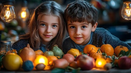 Fototapeta premium Siblings Admiring Autumn Harvest Bounty in Cozy Setting