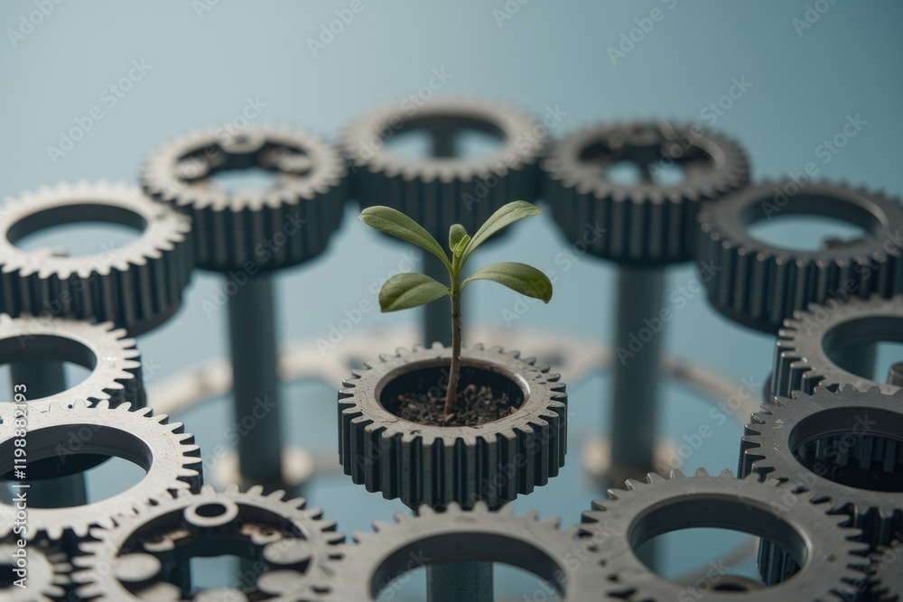 Poster A small plant grows in the center of a complex gear system, symbolizing growth and innovation within a structured environment.