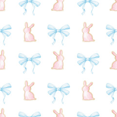 Easter bunny, bow. Watercolor seamless pattern for Easter in pastel colors. Background for children's textiles and wrapping paper