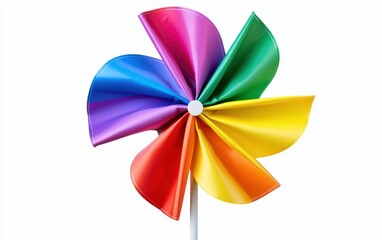 Colorful rainbow pinwheel spinning, isolated on a clean white backdrop