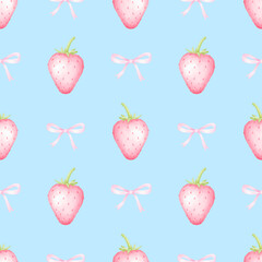 Strawberries and bows. Watercolor seamless pattern in pastel colors for textiles and wrapping paper. Cute children's illustration