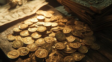 A heap of gold coins with a few old artifacts mixed in, resting on a wooden table