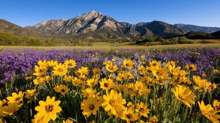 Fototapeta premium A vast meadow bursts with vibrant yellow wildflowers under a bright sky, framed by majestic mountains, embodying the beauty of springtime renewal.