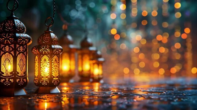 Traditional golden lanterns glowing warmly, bokeh lights blinking in a blurred dark background. Ramadan and Eid al-Fitr