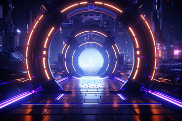 Metaverse Tunnel with Futuristic Polygonal Designs and Circuit Board Patterns