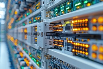 Row of network switches in a data center, suitable for IT and technology illustrations