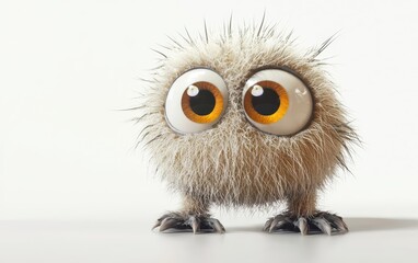 Fototapeta premium Cute little monster with big eyes and a fluffy body, standing on a clean white background