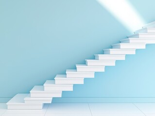 Obraz premium A modern staircase with white steps against a light blue wall, illuminated by rays of sunlight, creating a serene and minimalist atmosphere.