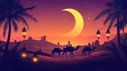Desert Caravan at Night, Crescent Moon, Palm Trees, Stars, Oasis, Festive Background, Ramadan