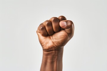 Strong and united: Raised fist on white background signifies power.