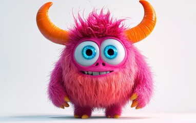 Fluffy pink monster with bright orange horns and big blue eyes, standing on a bright white background