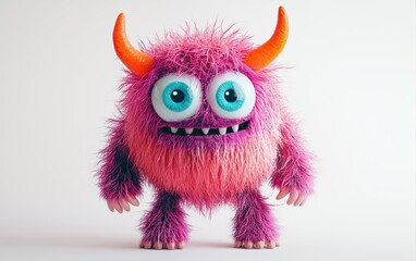 Fototapeta premium Fluffy pink monster with bright orange horns and big blue eyes, standing on a bright white background