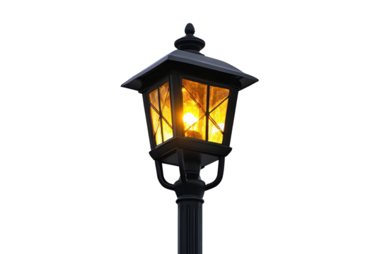 Elegant street lamp illuminating a walkway at dusk with a warm, inviting glow in a tranquil urban setting