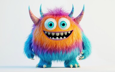Fototapeta premium Friendly colorful monster with small horns and a big smile, isolated on a white surface