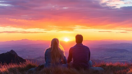 Couple watching sunset mountaintop view