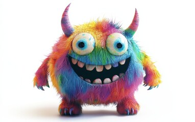 Fototapeta premium Friendly colorful monster with small horns and a big smile, isolated on a white surface