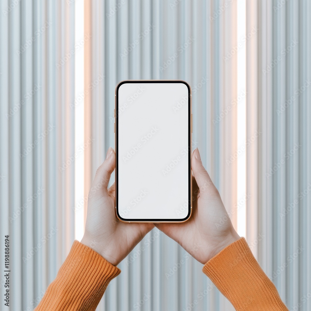 Poster minimalist smartphone showcase hands in cozy knit sweater holding device with abstract striped backg