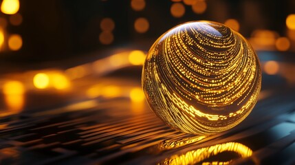 Futuristic digital code swirling inside a luminous sphere in a realistic photographic style