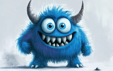 Obraz premium funny Fluffy bright monster with horns and big blue eyes, cartoon charachter standing on a bright white background