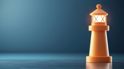 A brightly lit orange lighthouse stands against a blue background, showcasing its design and illumination.