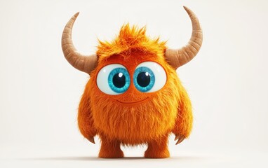 Fototapeta premium funny Fluffy bright monster with horns and big blue eyes, cartoon charachter standing on a bright white background