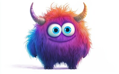 Fototapeta premium funny Fluffy bright monster with horns and big blue eyes, cartoon charachter standing on a bright white background