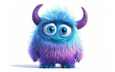 Fototapeta premium funny Fluffy bright monster with horns and big blue eyes, cartoon charachter standing on a bright white background