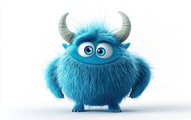 Fototapeta premium funny Fluffy bright monster with horns and big blue eyes, cartoon charachter standing on a bright white background