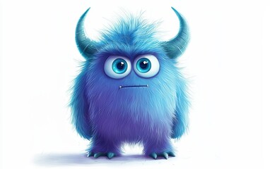 Fototapeta premium funny Fluffy bright monster with horns and big blue eyes, cartoon charachter standing on a bright white background