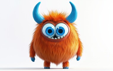 Fototapeta premium funny Fluffy bright monster with horns and big blue eyes, cartoon charachter standing on a bright white background