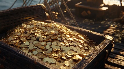 A mound of gold coins spilling out of a treasure chest onto a pirate ship's deck