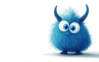 Fototapeta premium funny Fluffy bright monster with horns and big blue eyes, cartoon charachter standing on a bright white background
